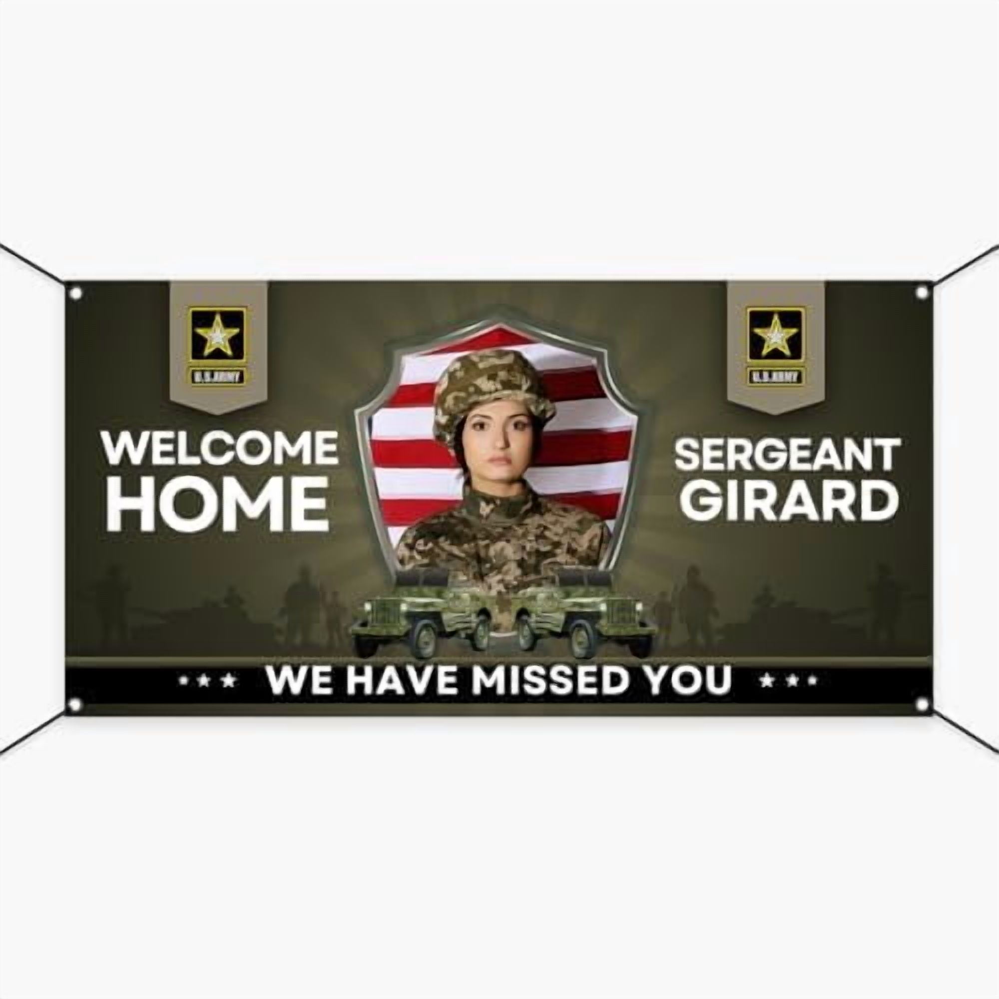 Personalized Welcome Home Banner, U.S. Army/United States Military, Customizable Photo, Text and Colors - Vinyl Banner, Sign, Decoration for Outdoor and Indoor (4ft x 2ft)